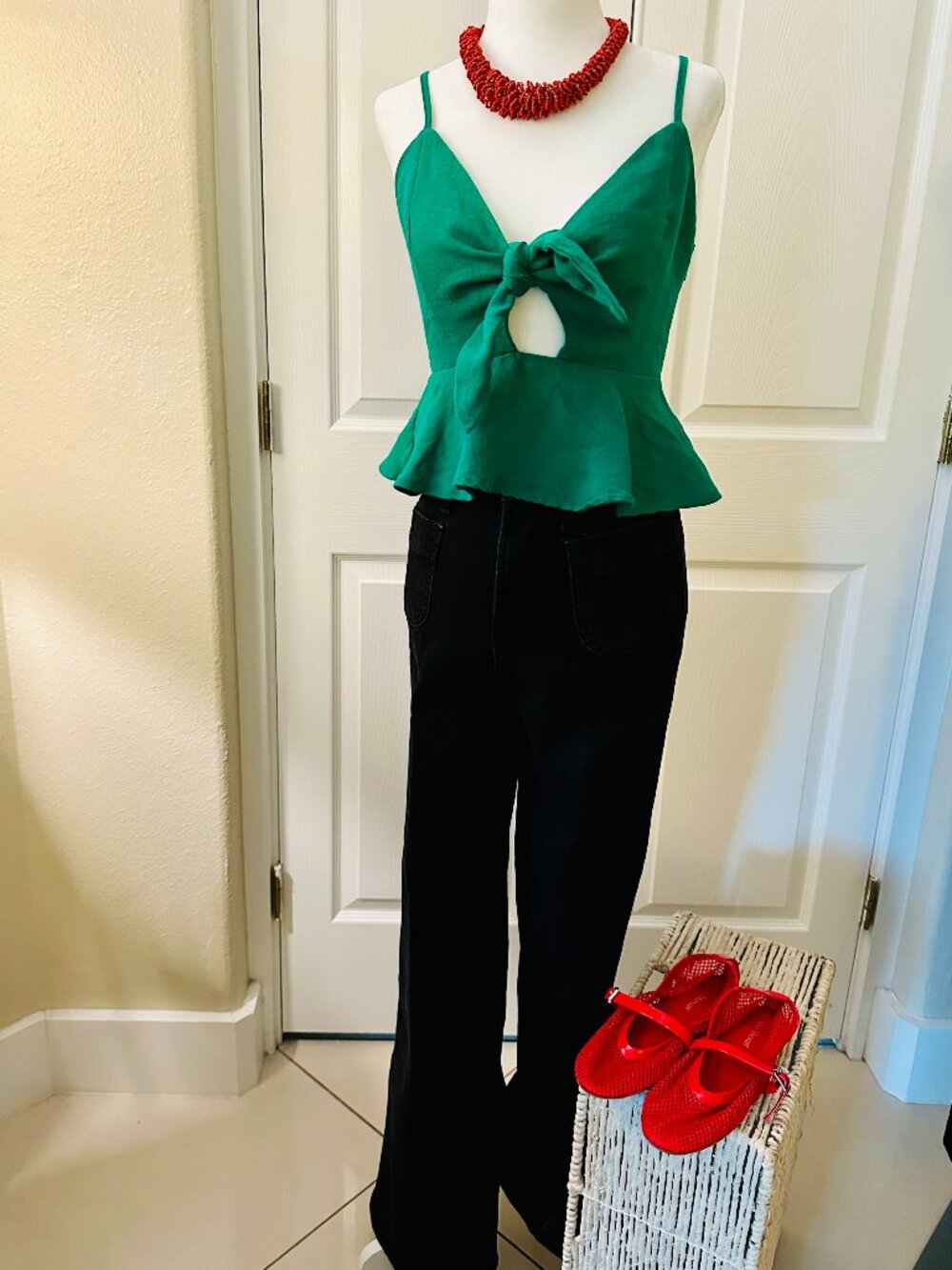 J.O.A. Emerald, Green Linen-Blend Tie-Front Peplum Top - Size XS
